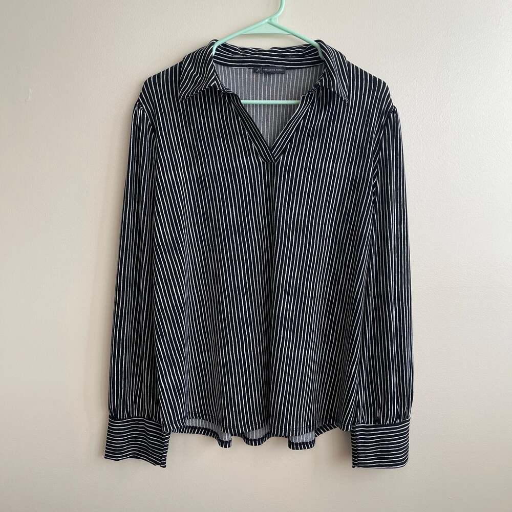 Adrianna Papell Black White Stripe Vertical Stripe V-neck Collared Blouse Sz XL